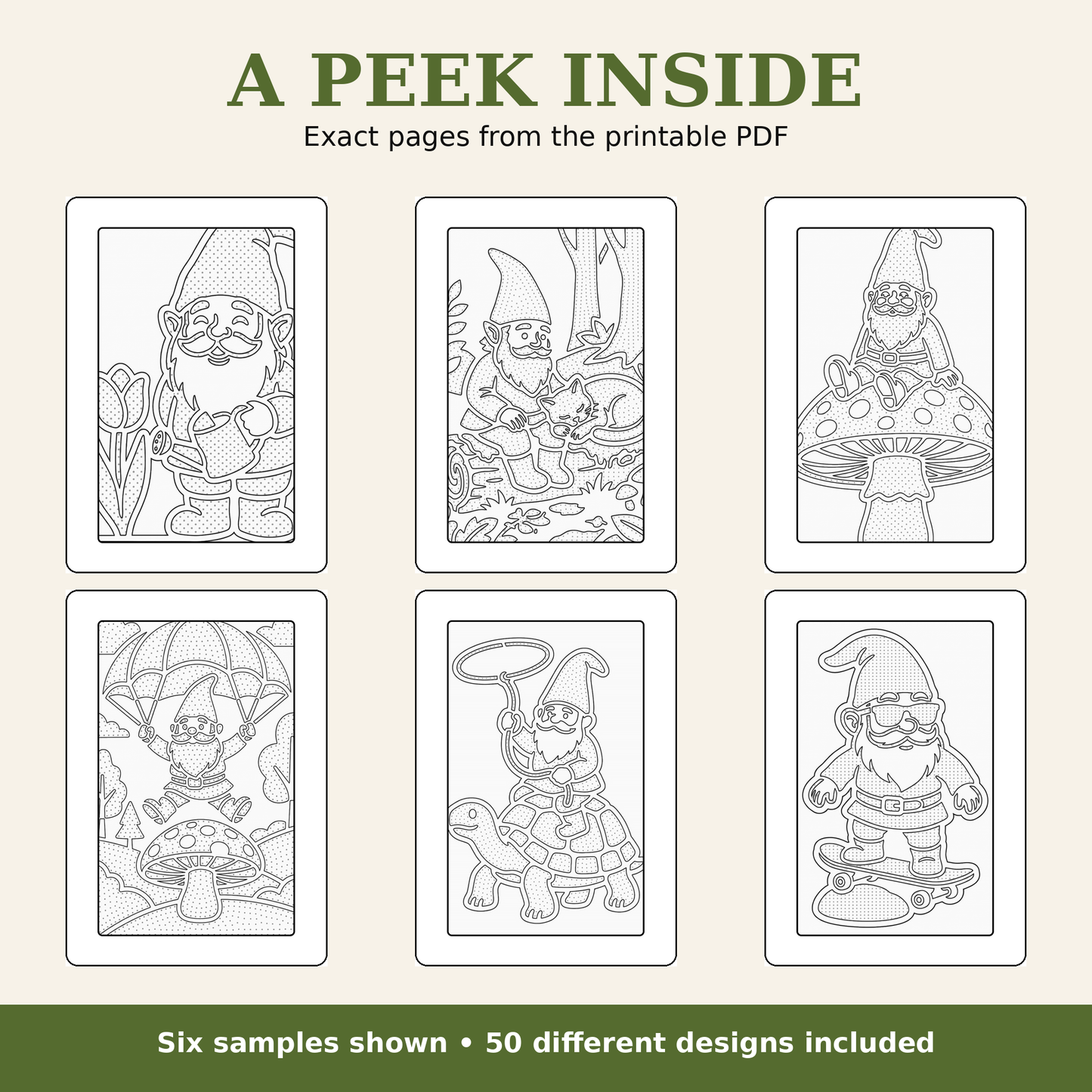 Promotional graphic for a printable PDF product showing six black-and-white line-art gnomes