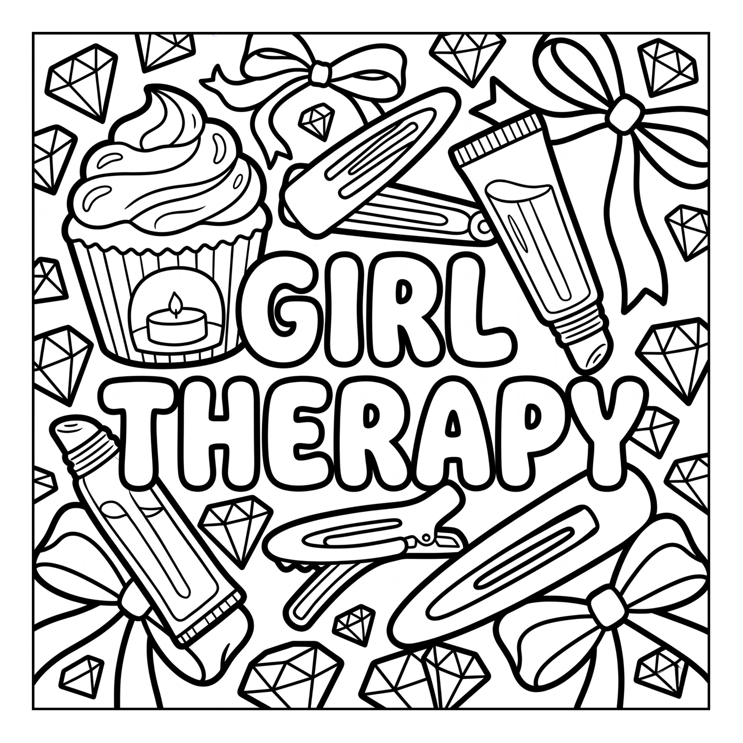 Coloring page with 'Girl Therapy' text and various items like a cupcake, hair clips, and crayons.