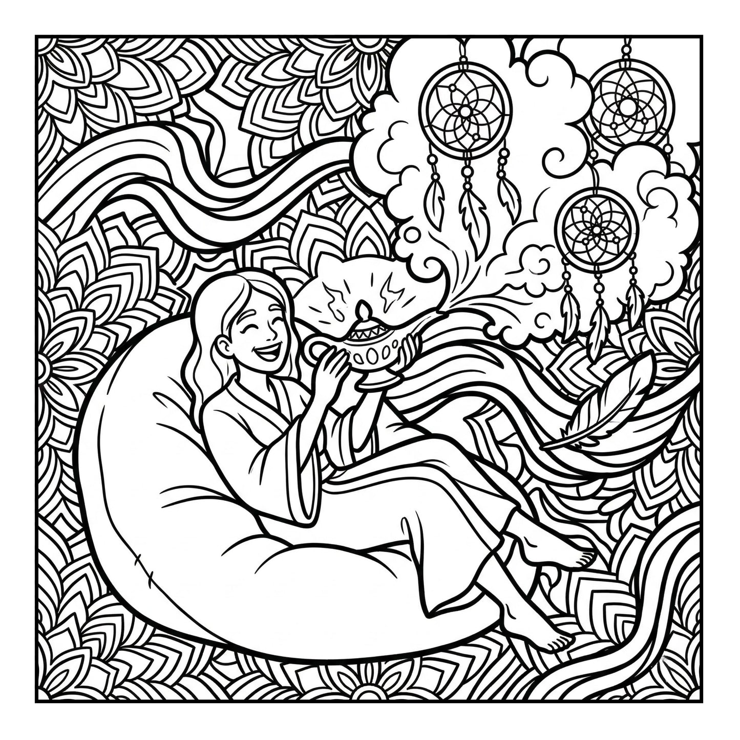 Black and white illustration of a woman sitting on a bean bag with a genie bottle, surrounded by dreamcatchers and patterns.