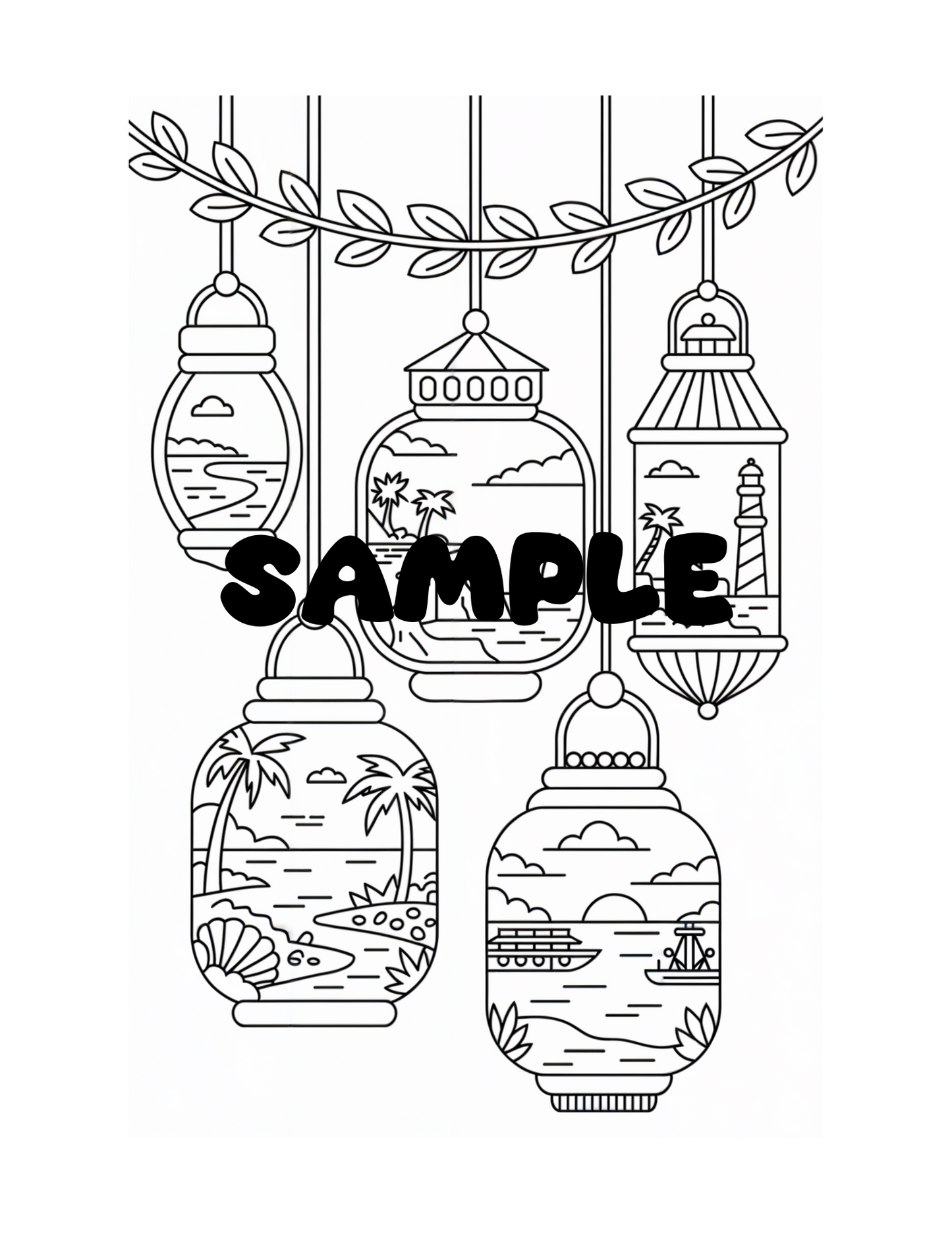 Beach Views Coloring Pages | Views from Jars Lantern and More | Stress Relief Relaxation Activity for Teens Adults | Digital Printable PDF