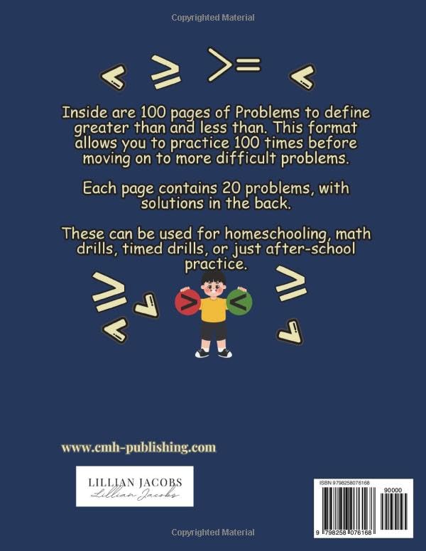 Back cover of 'Greater Than Less Than Math Drills for Kids Ages 6-8' — educational workbook by Lillian Jacobs