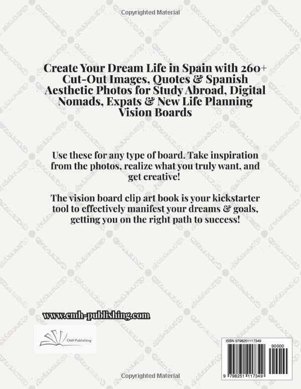 Back cover of 'Move to Spain Vision Board Clip Art Book' — vision board book by CMH Publishing