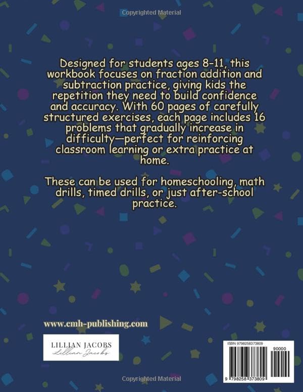 Back cover of 'Fractions Workbook for Kids Grades 3-5' — educational math workbook by Lillian Jacobs