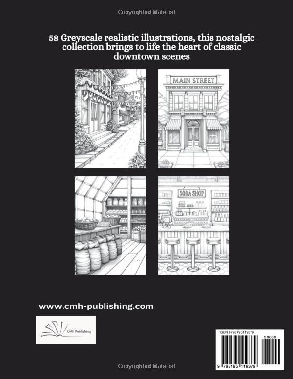 Back cover of a book with black and white illustrations of a small town, featuring text and a CMH Publishing logo.