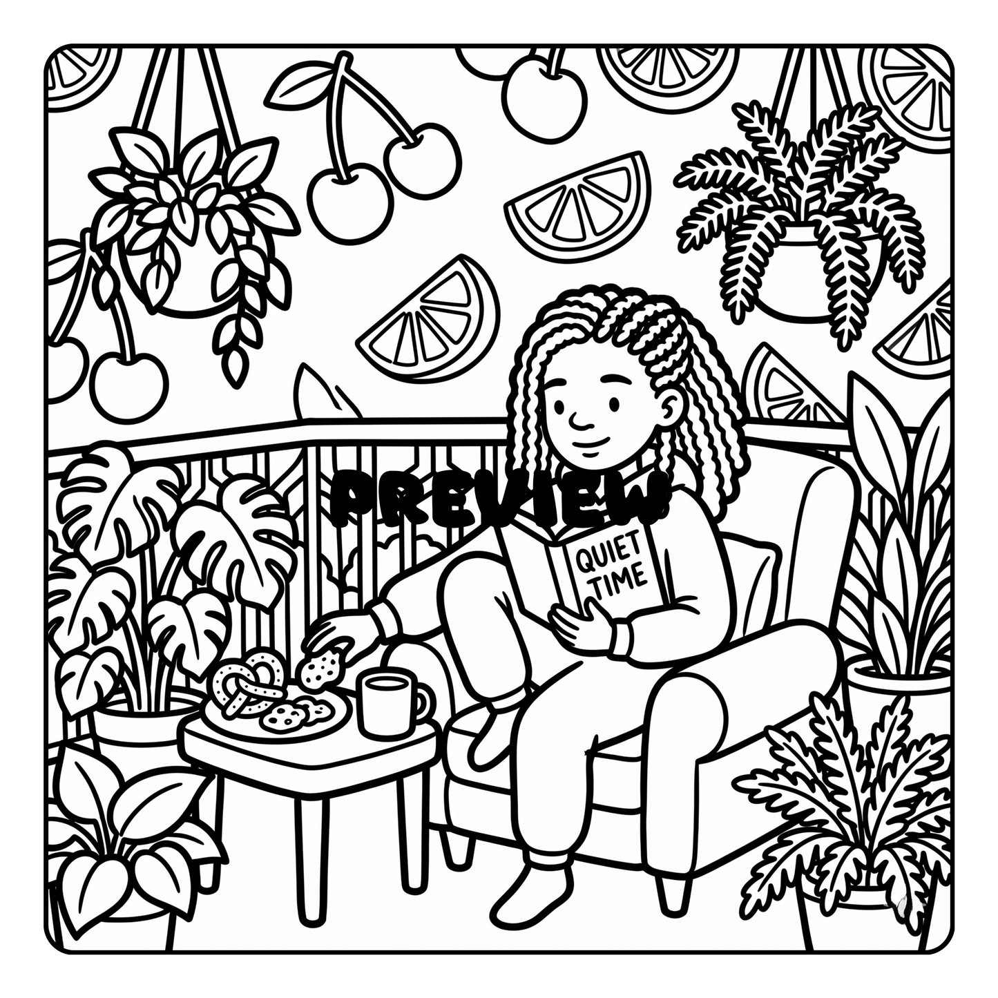 Coloring book page with a person reading a book, surrounded by plants and fruit by CMH Publishing.
