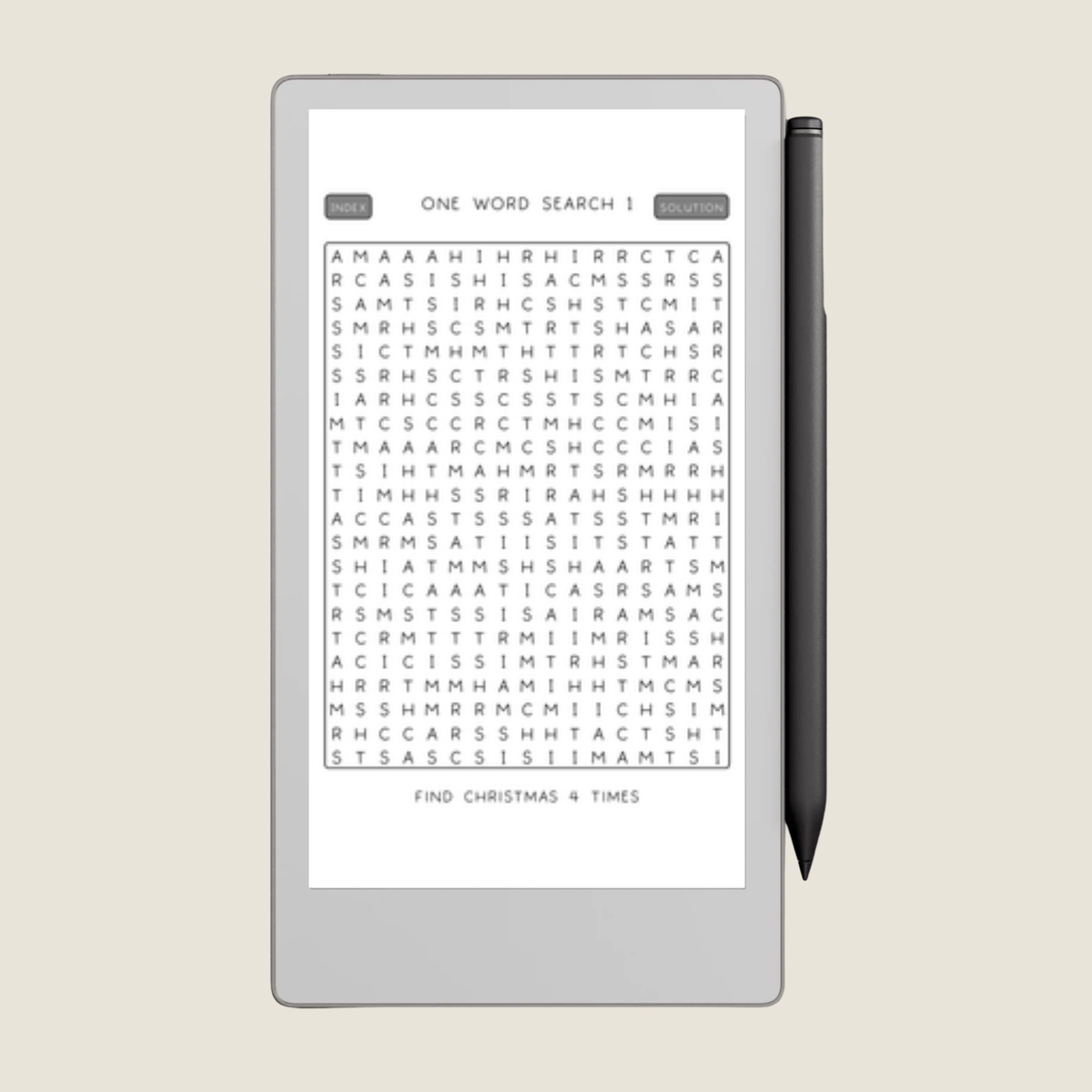 A tablet-style electronic word search device with a white screen showing a word grid and a black stylus standing beside it, on a plain light beige background.