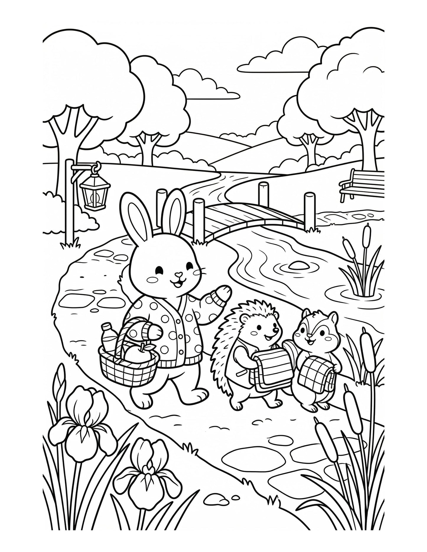 Coloring page with a rabbit, hedgehog, and squirrel by a pond.