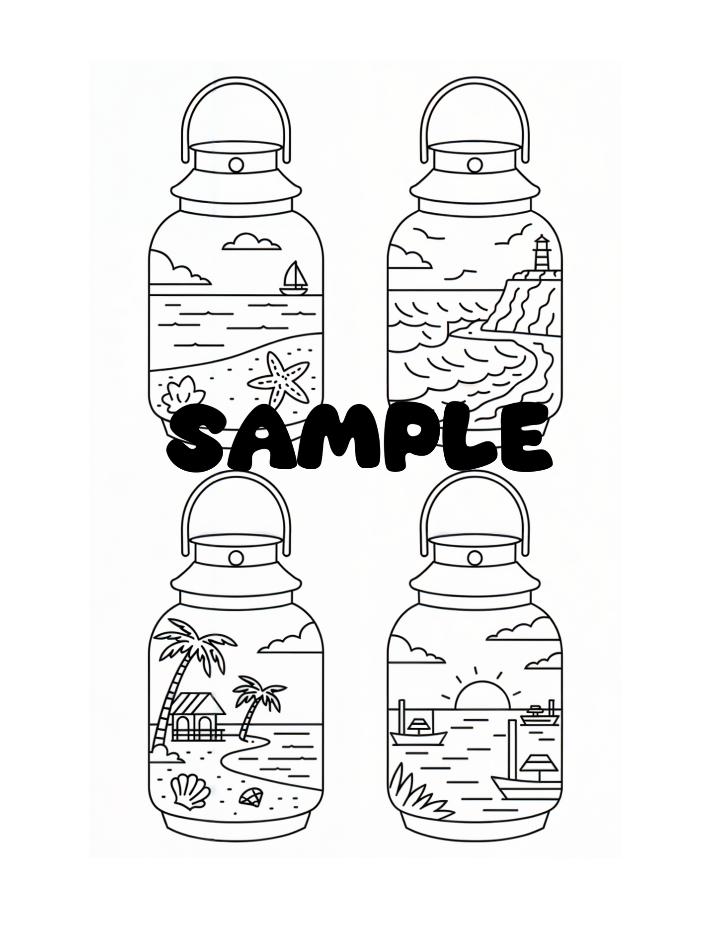 Beach Views Coloring Pages | Views from Jars Lantern and More | Stress Relief Relaxation Activity for Teens Adults | Digital Printable PDF