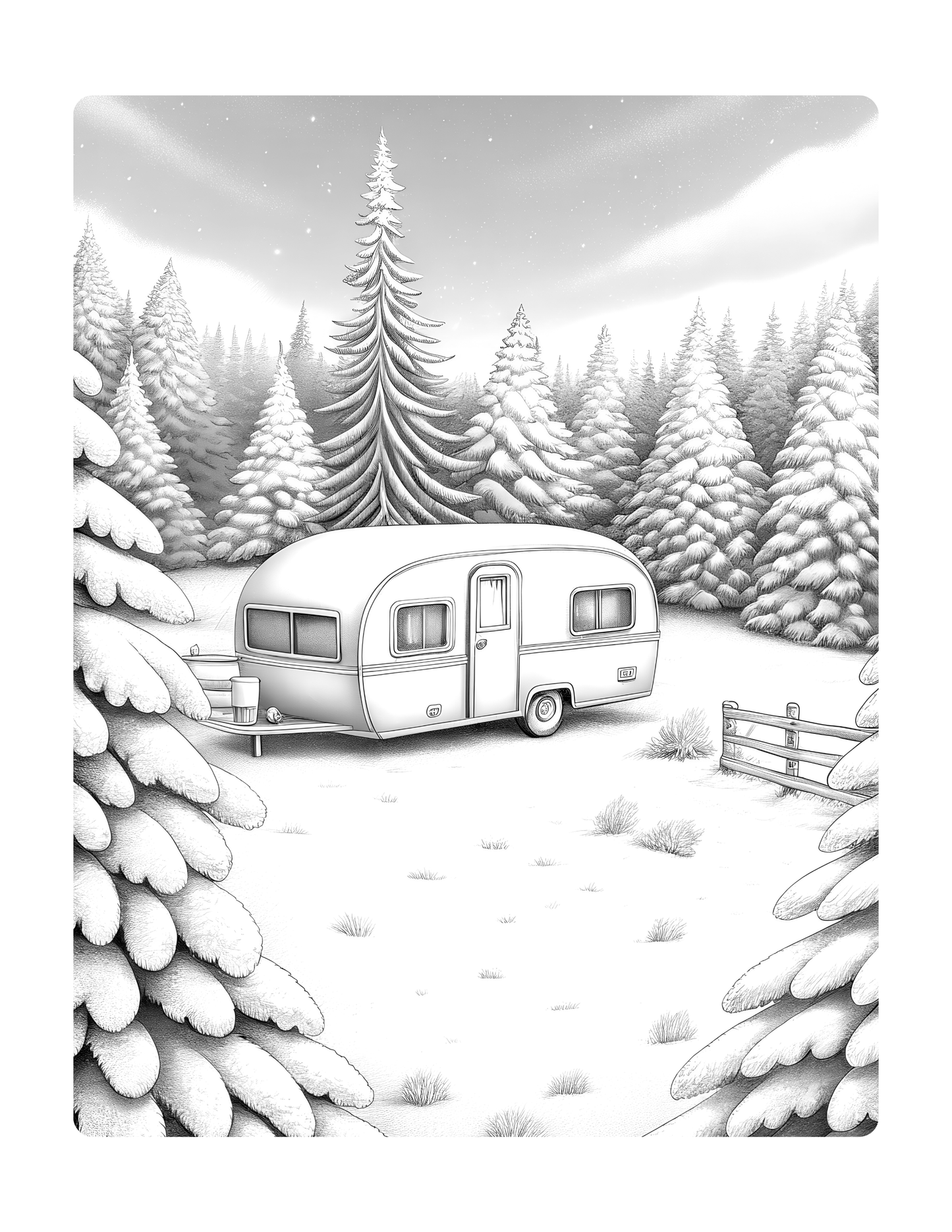 Retro Camp Vibes Coloring Book vol 3, 1970s Grayscale Camping Scenes – Instant Download