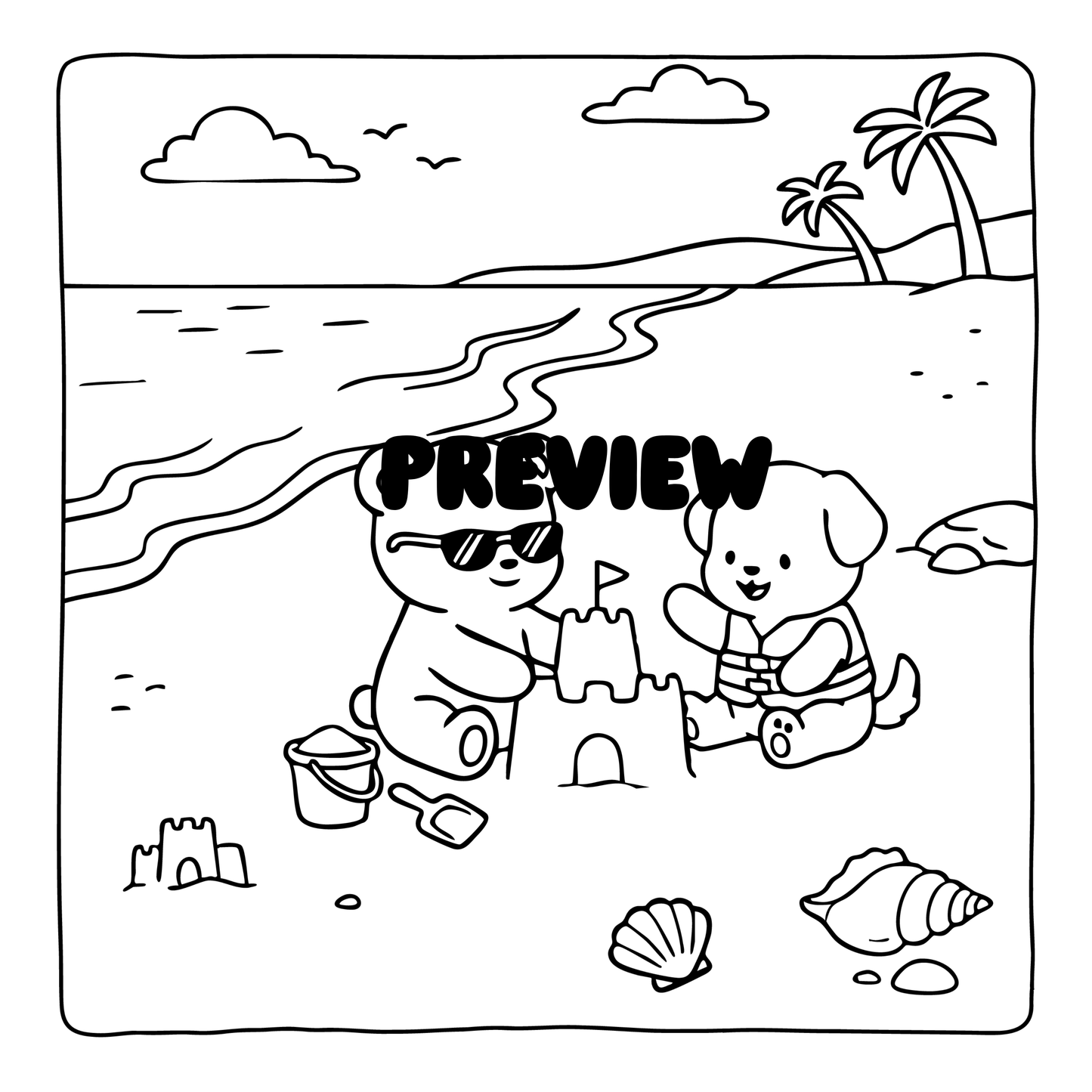 Black and white line drawing of two dogs building a sandcastle on a beach with 'PREVIEW' text overlay.