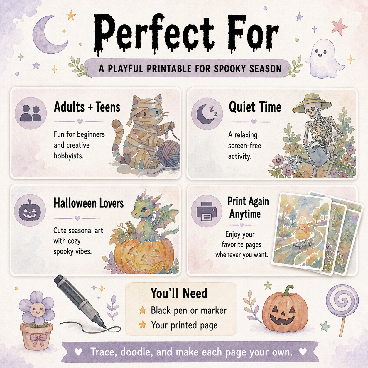 Spooky Cute Days Reverse Coloring Book, Printable Digital PDF