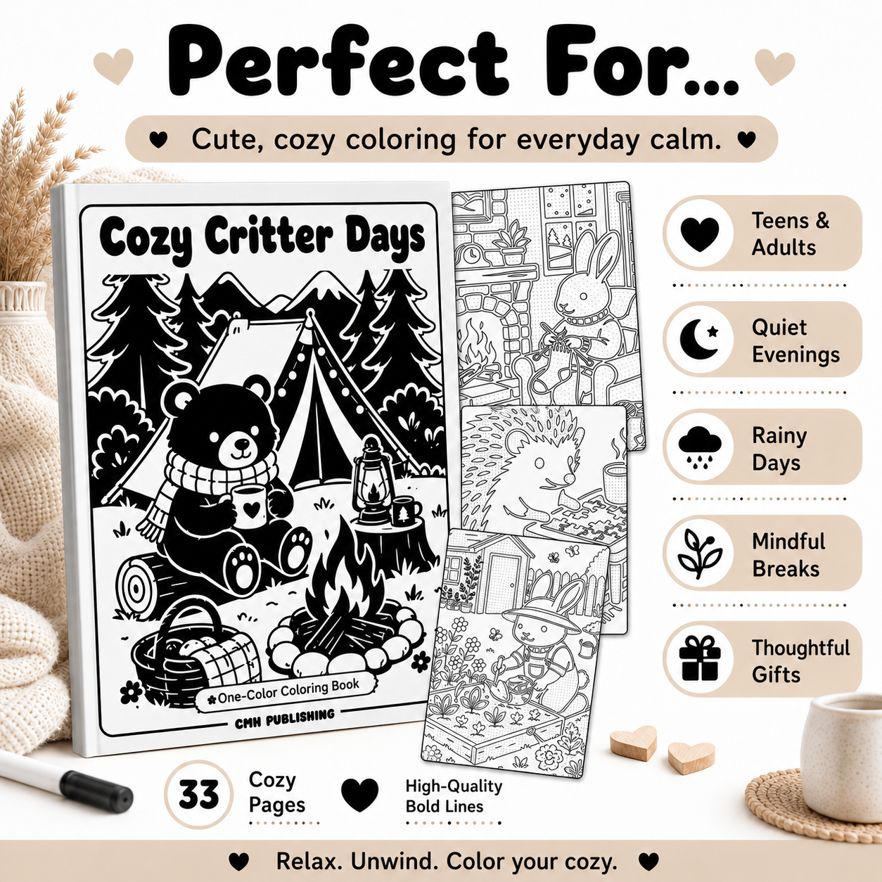 Cozy Critter Days: One-Color Monochrome Coloring Book Printable PDF
