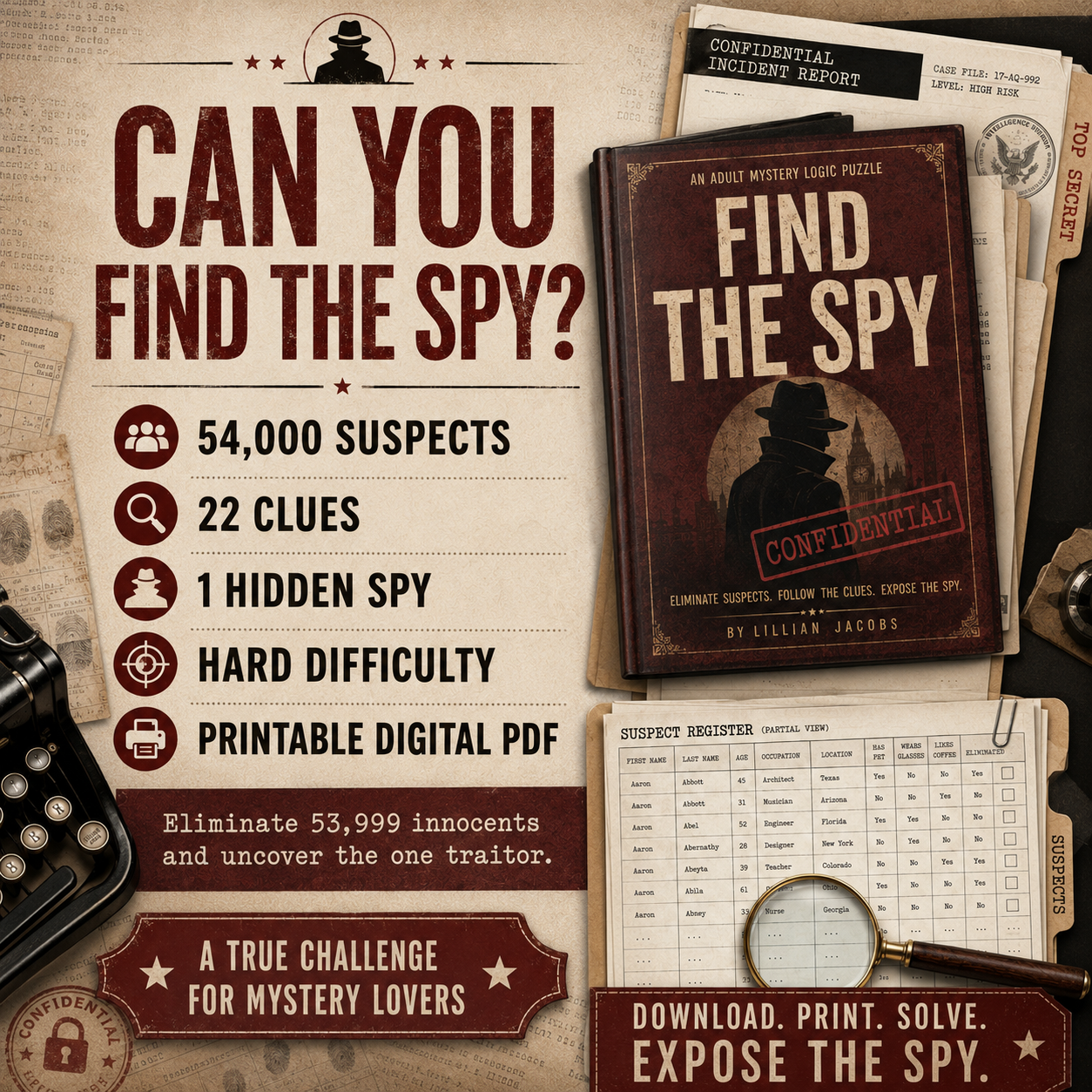 Find the Spy Printable Mystery Puzzle, 54,000 Suspect Logic Game, Digital PDF
