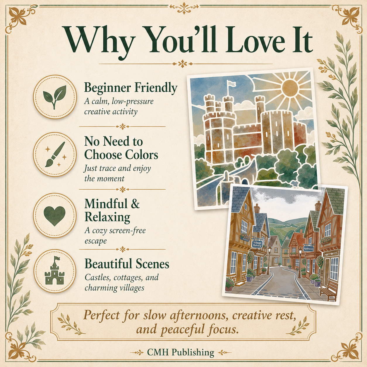 British Castles & Cozy Villages Reverse Coloring Book