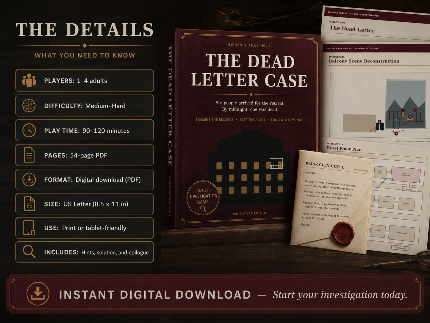 Printable Murder Mystery Game for Adults, Dead Letter Detective Case, Tablet Digital PDF
