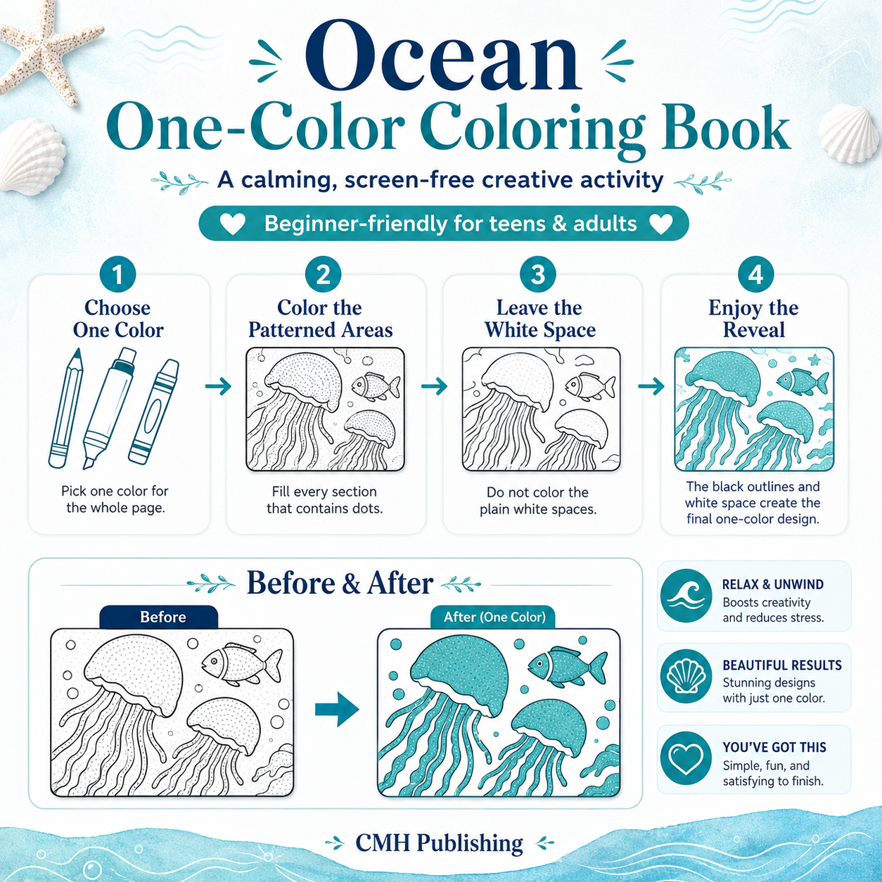 Ocean One-Color Coloring Book for Teens & Adults