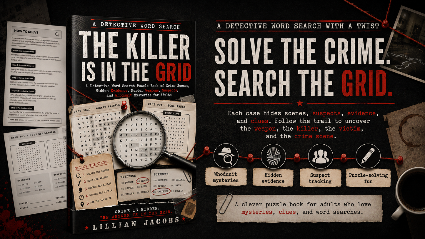 Book titled 'The Killer is in the Grid' with a magnifying glass and detective-themed design.