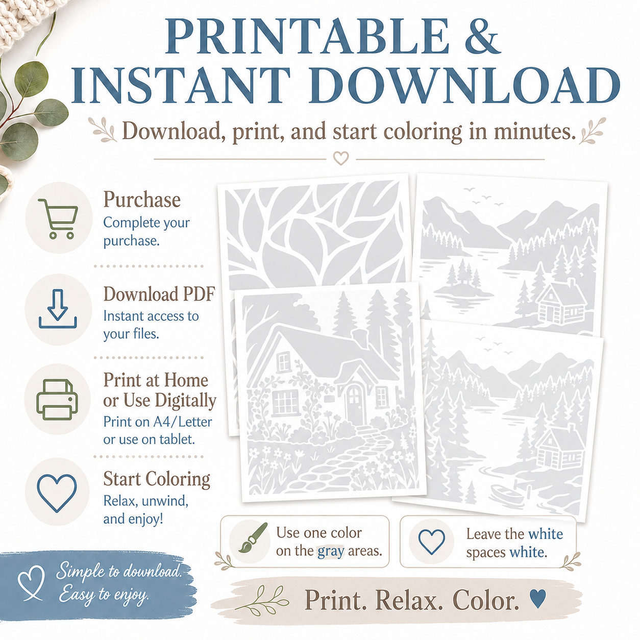 Color the Gray Printable Coloring Book, 40 Light Gray Designs to Color