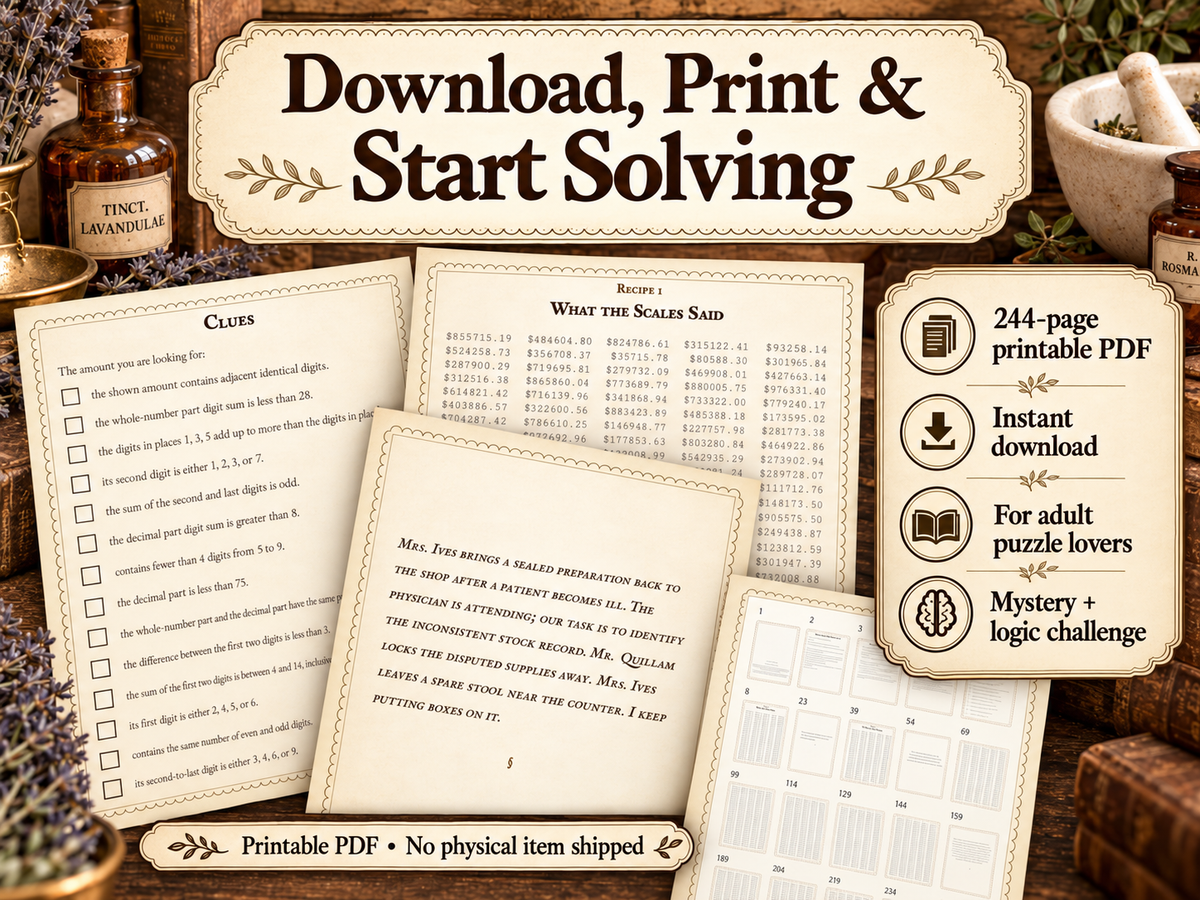 Apothecary Mystery Number Search Puzzle Book for Adults | Challenging Logic Puzzles and Detective Brain Teaser