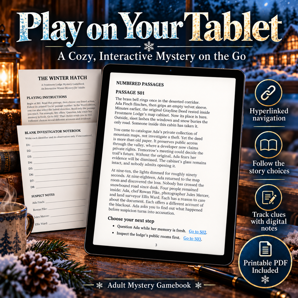 The Winter Hatch – Interactive Mystery Gamebook for Adults | Hyperlinked PDF & Printable Detective Adventure