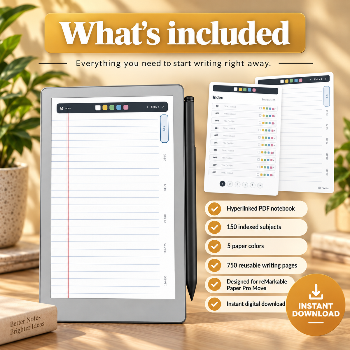 Digital Notepad reMarkable Pro Move shown on a tablet screen with a stylus, alongside sample PDF notebook pages and feature callouts including 'Hyperlinked PDF notebook', '150 indexed subjects', '5 paper colors', '750 reusable writing pages', 'Designed for reMarkable Paper Pro Move', and 'Instant digital download'.