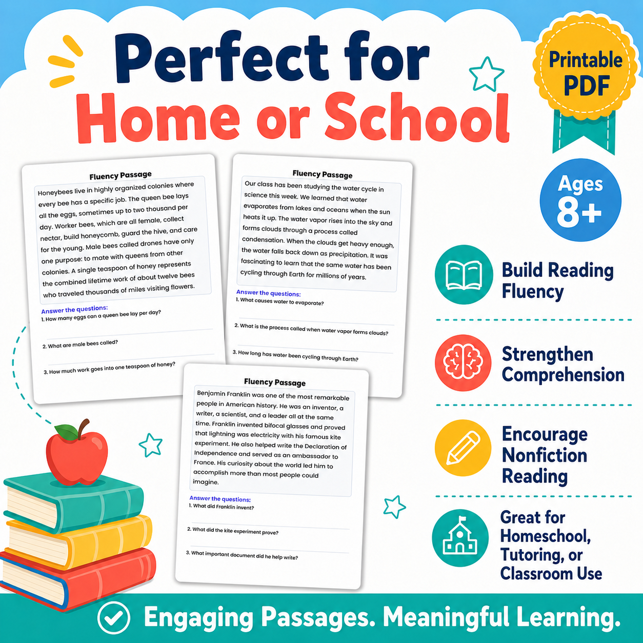Reading Fluency Passages & Comprehension Worksheets, Grades 3-5, Homeschool PDF