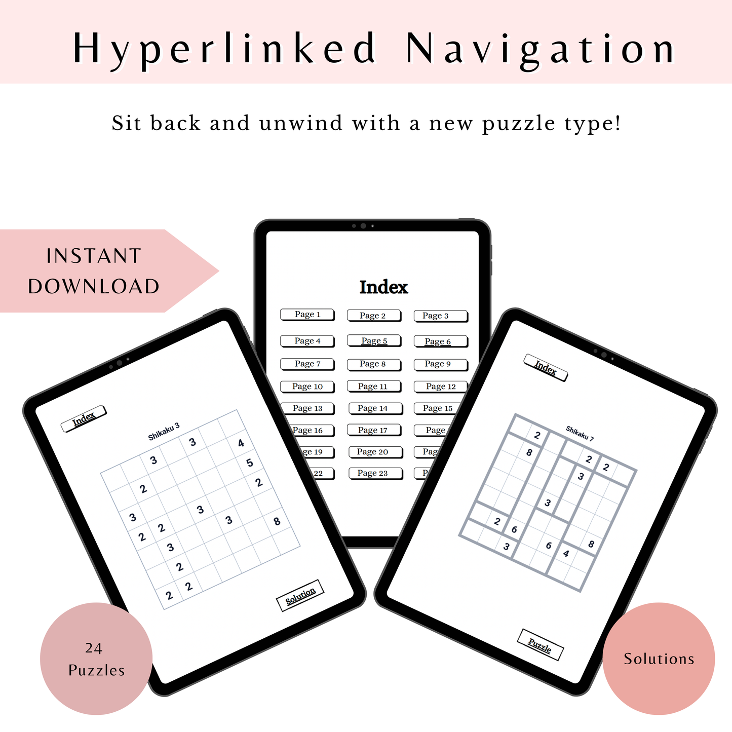 Digital puzzle pages with an index and solutions on a white background.