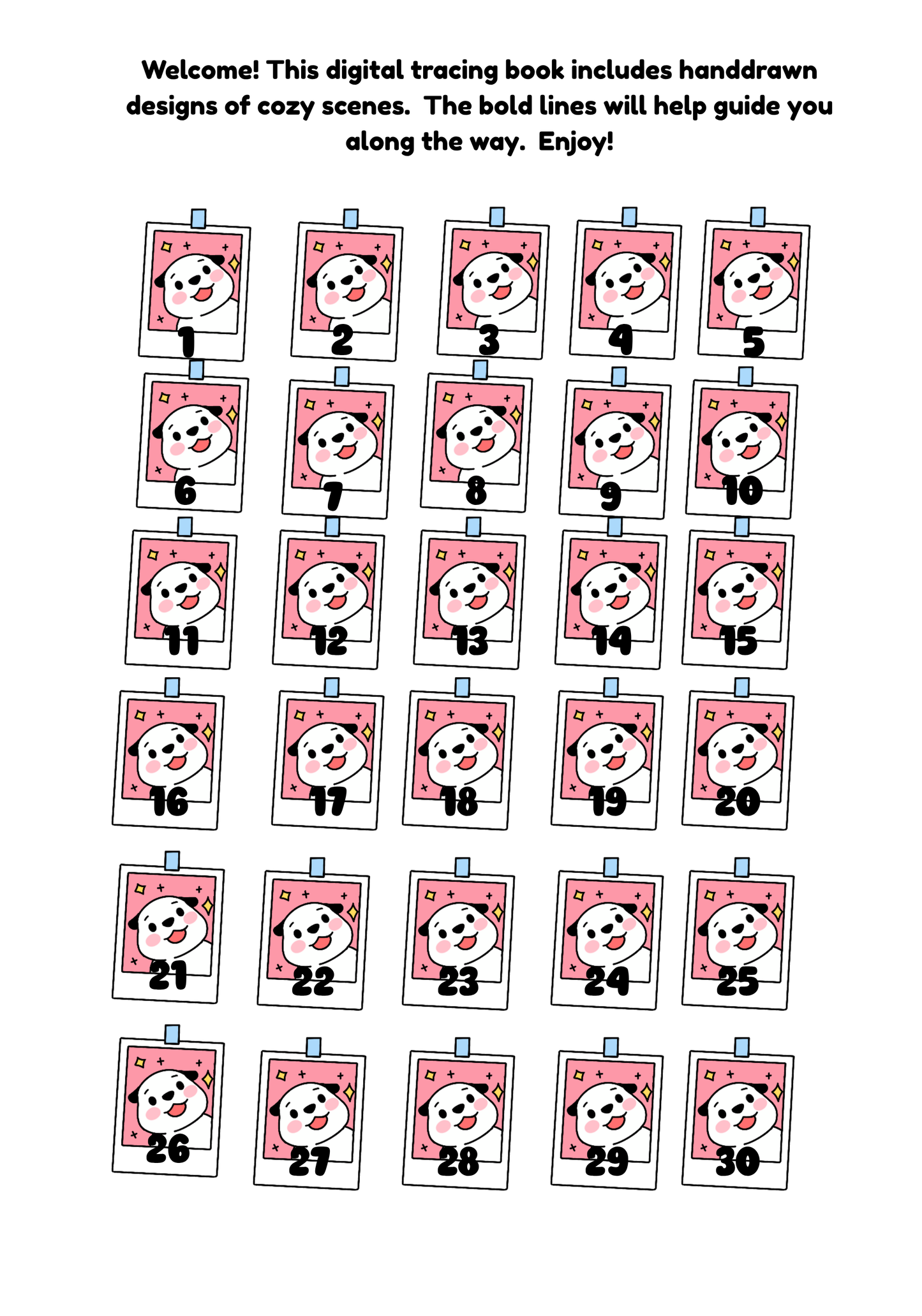 Digital tracing book with handdrawn snowman designs on pink backgrounds, numbered from 1 to 30.