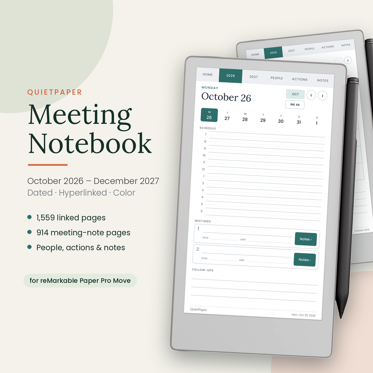 2026–2027 Digital Meeting Planner for reMarkable Paper Pro Move | Meeting Notes & Action Tracker