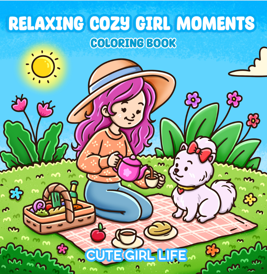 Relaxing Cozy Girl Pet Moments Coloring Book | 40 Stress Relief Simple Coloring Pages for Adults Teens | Printable Download PDF