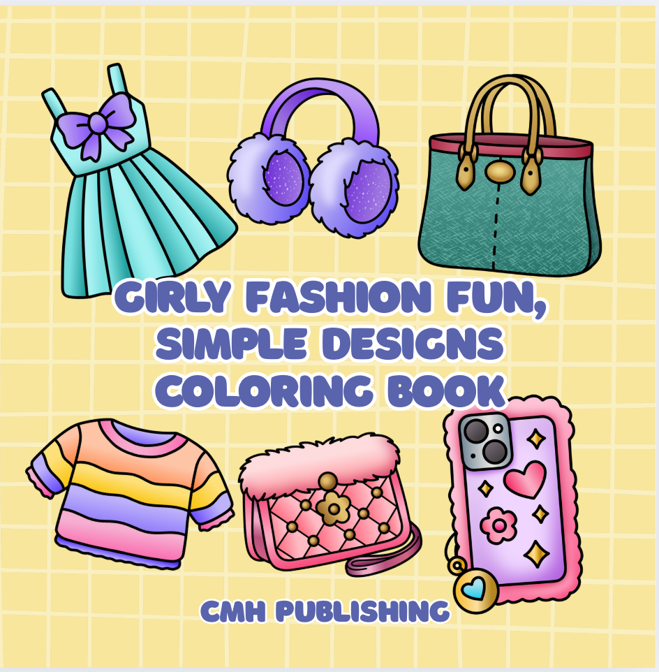 Girly Fashion Fun, Easy & Bold Fashion Coloring Book, 15 Simple Designs, Instant PDF Digital Download