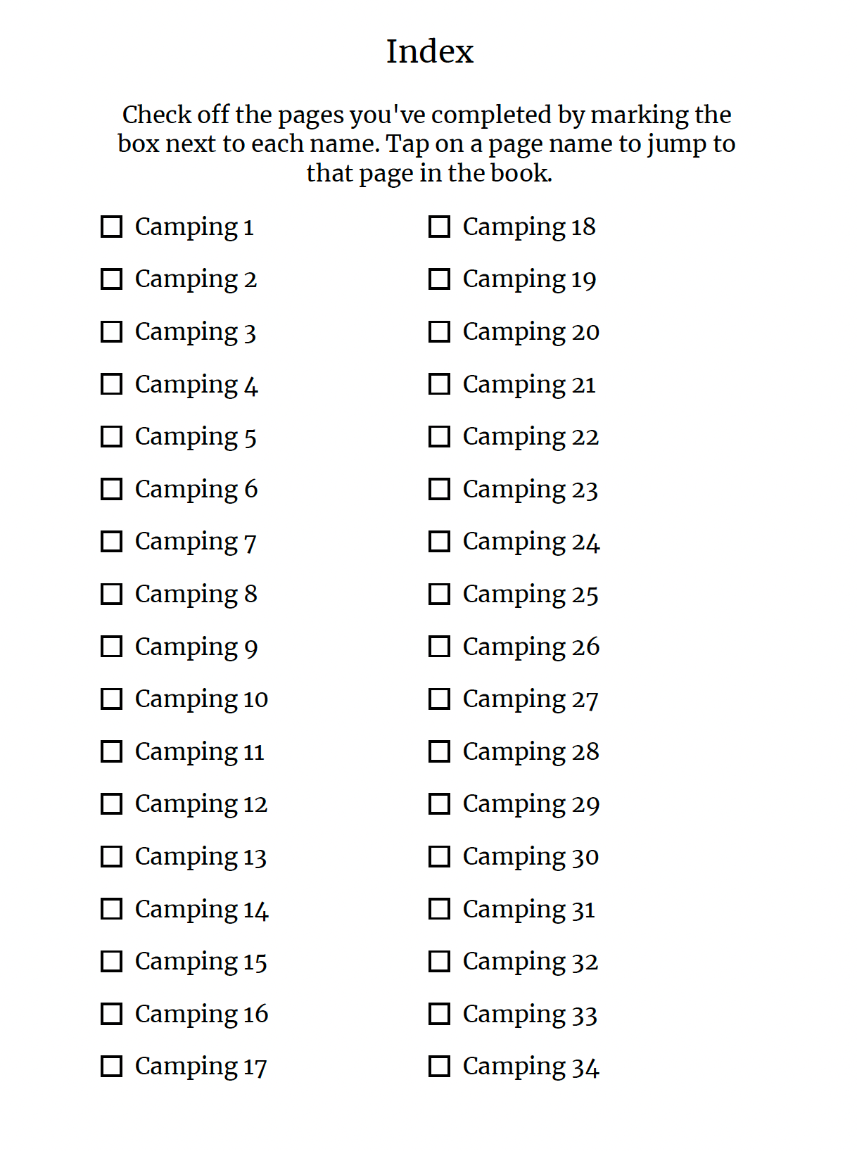 Index page with checkboxes for 'Camping 1' to 'Camping 36'