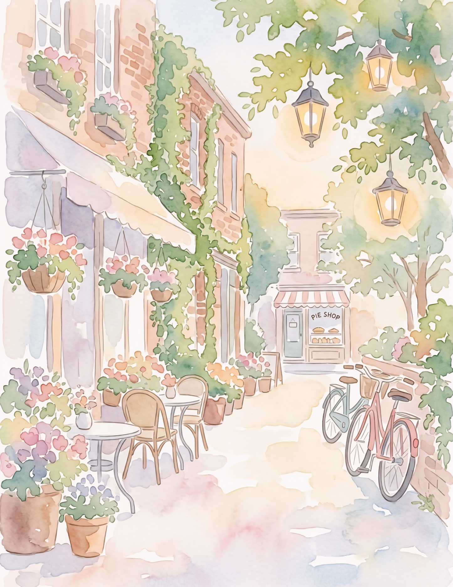 Illustration of a quaint street scene with a cafe, bicycles, and flowers.