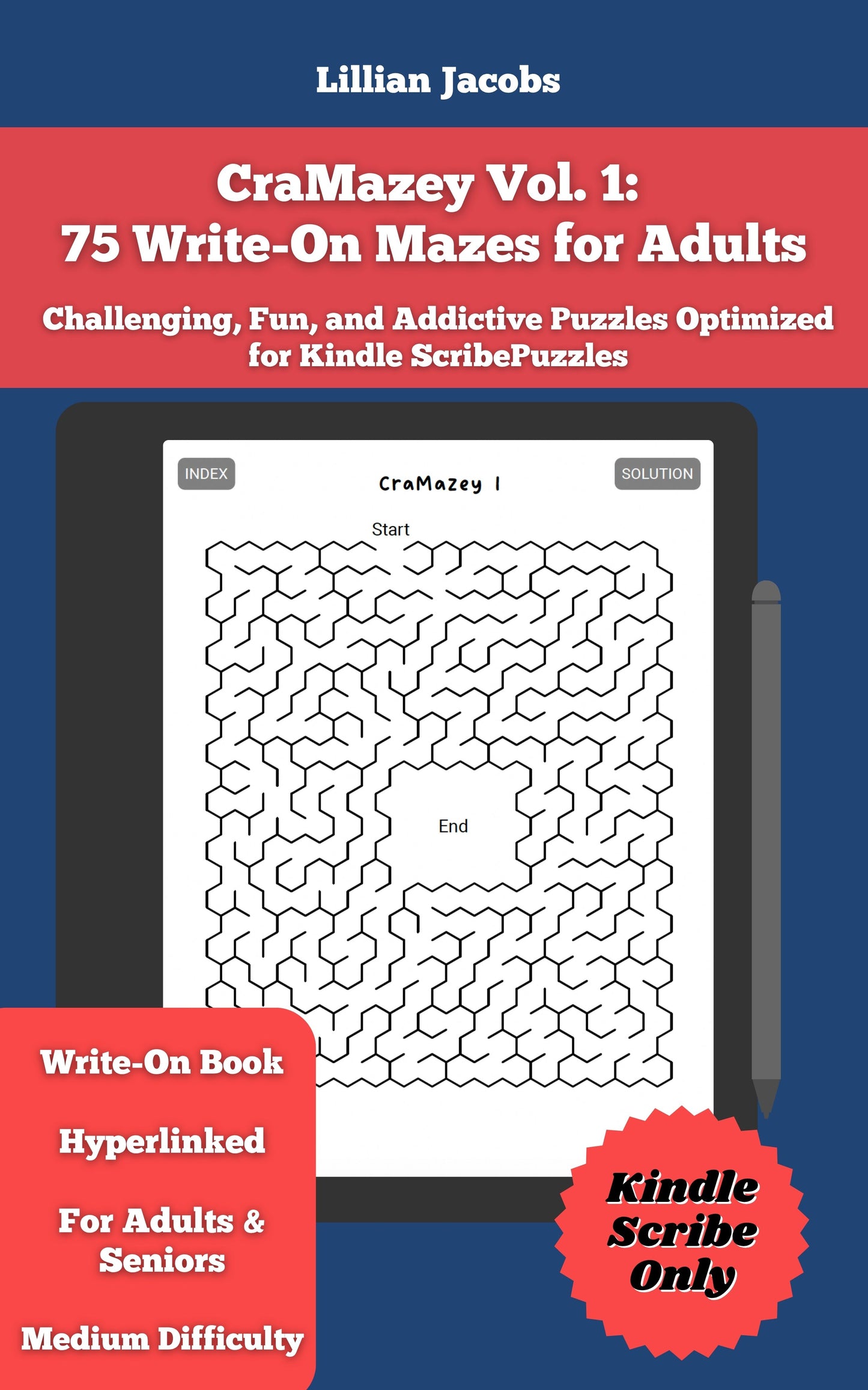 Cover of 'CraMazey Vol. 1 for Kindle Scribe: 75 Write-On Mazes for Teens and Adults' — by Lillian Jacobs
