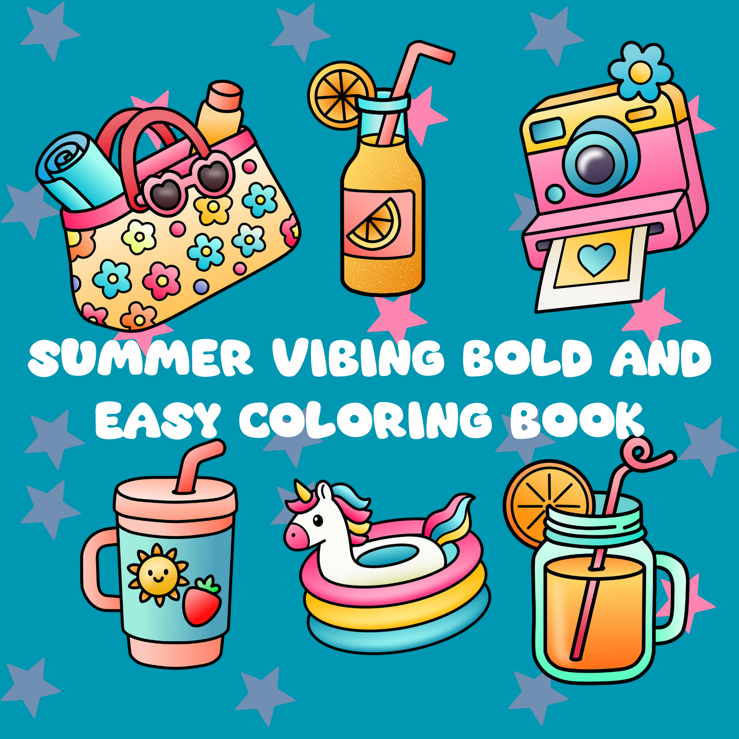 Summer Vibing Bold and Easy Coloring Book | 20 Thick Line Coloring Pages | Instant Printable PDF Digital Download
