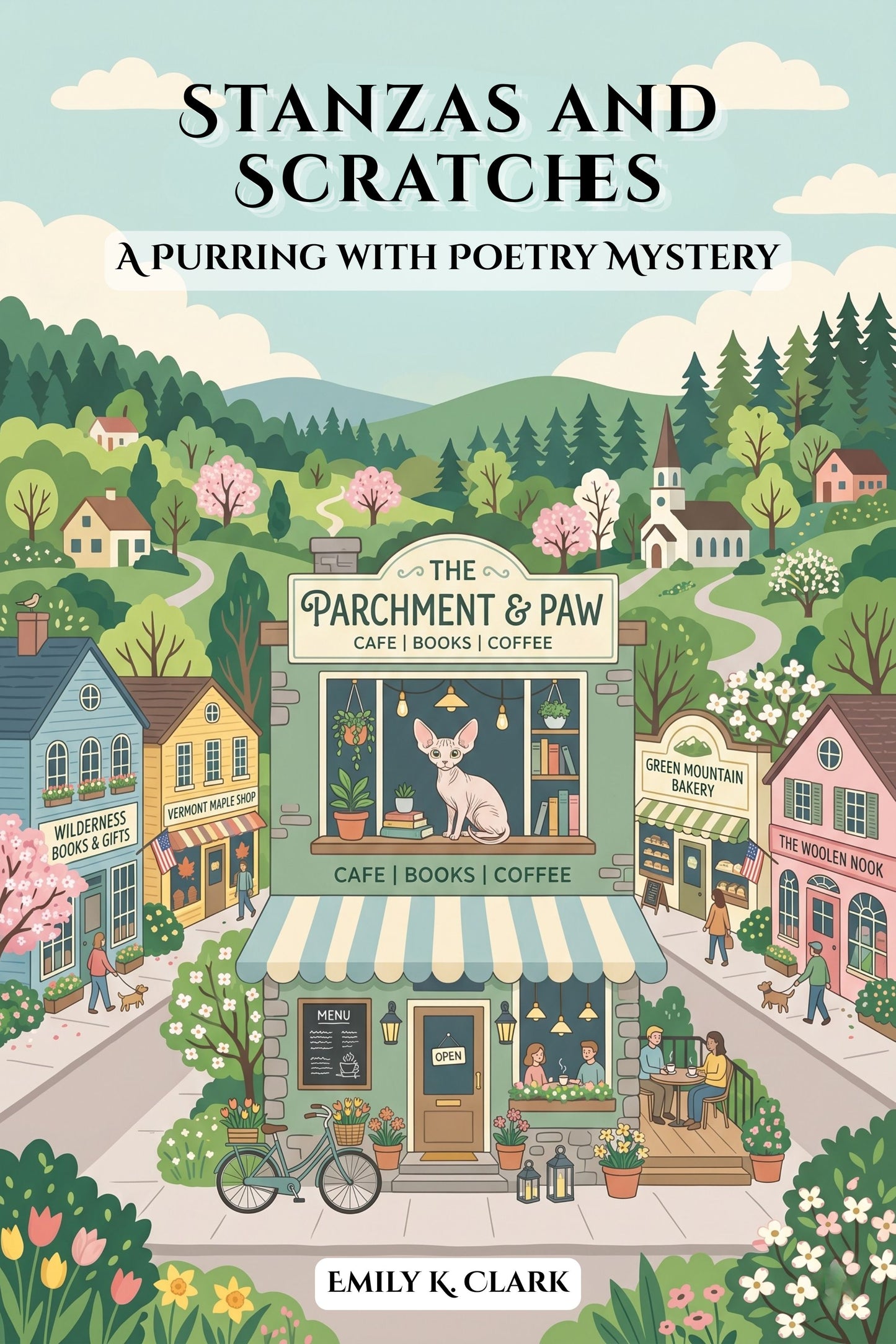 Cover of 'Stanzas and Scratches: A Purring with Poetry Mystery' — cozy mystery novel by Emily K. Clark