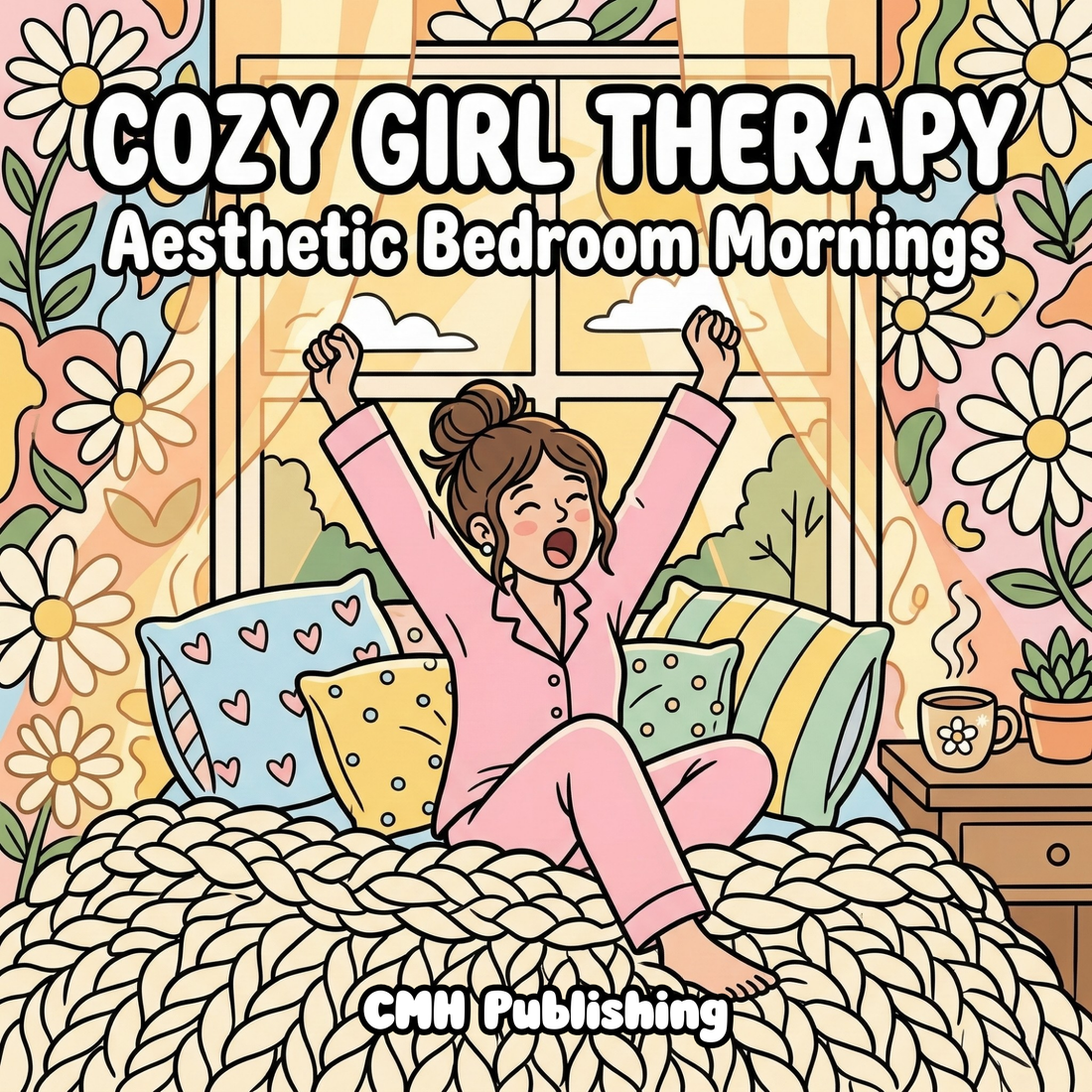 Cozy girl coloring book cover, girl yawning