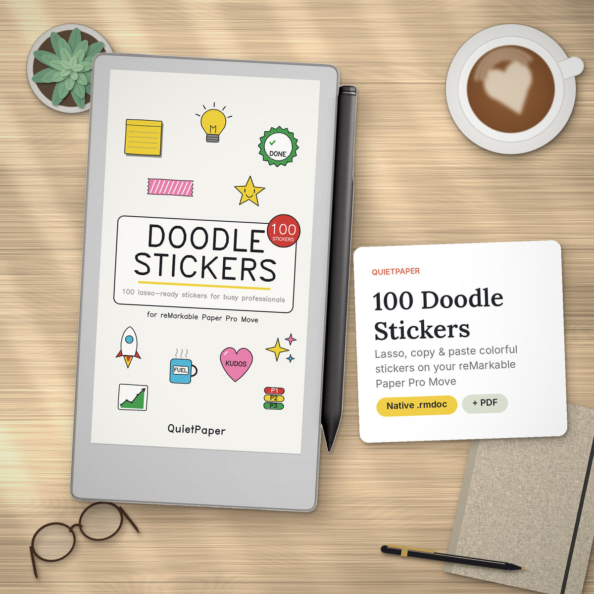 Doodle Stickers for reMarkable Paper Pro Move | 100 Color Lasso-Ready Digital Stickers