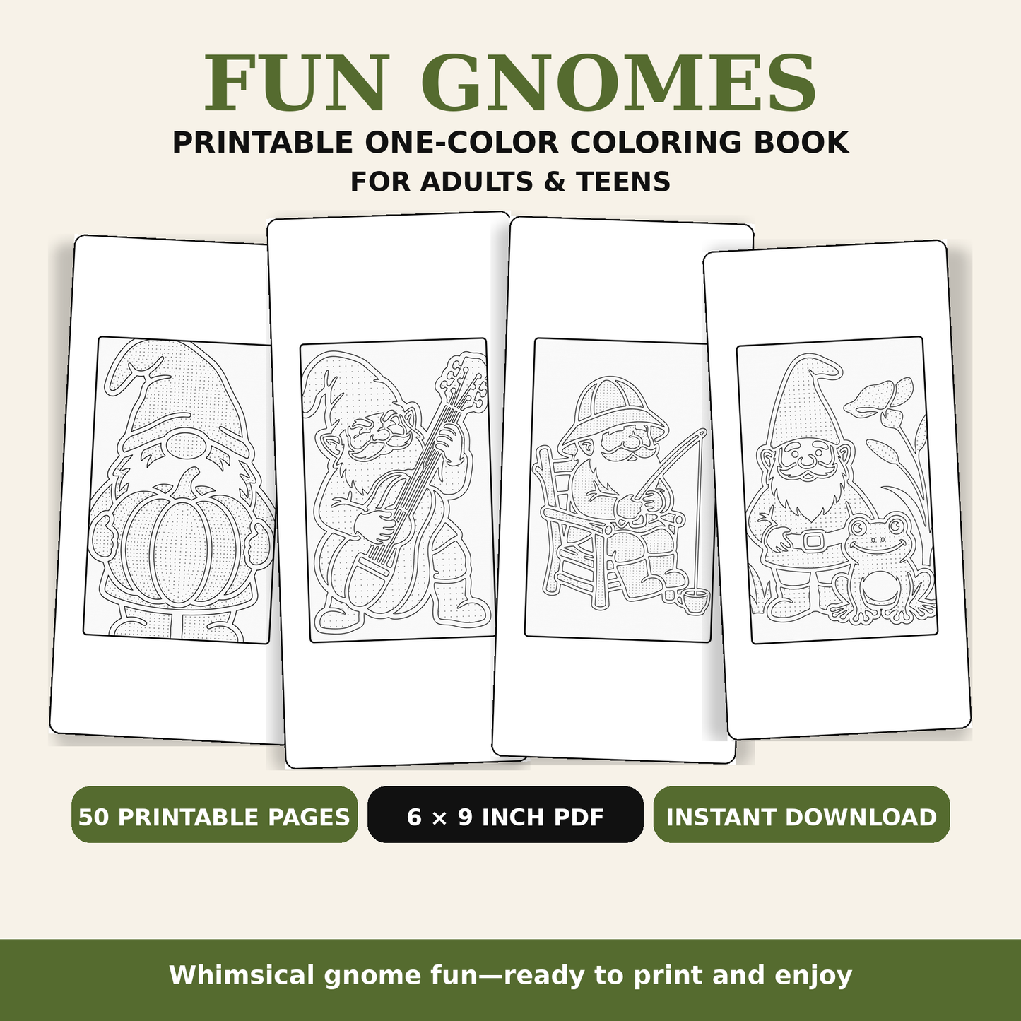 a printable one-color coloring book titled 'FUN GNOMES' with four sample gnome illustration pages shown on a beige background. 