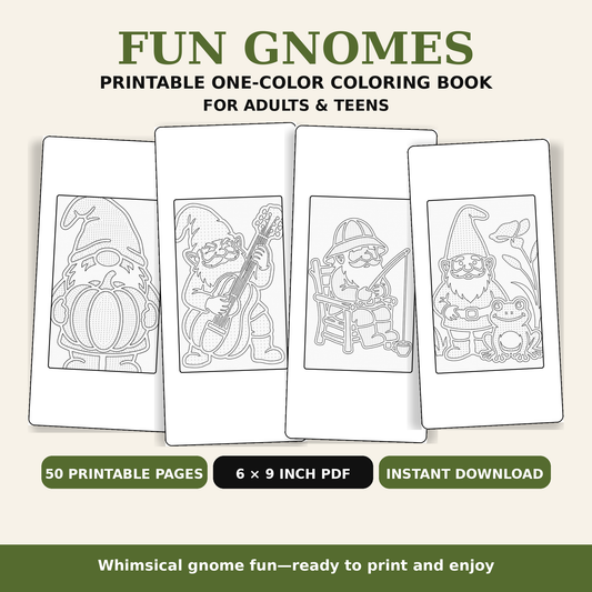 a printable one-color coloring book titled 'FUN GNOMES' with four sample gnome illustration pages shown on a beige background. 