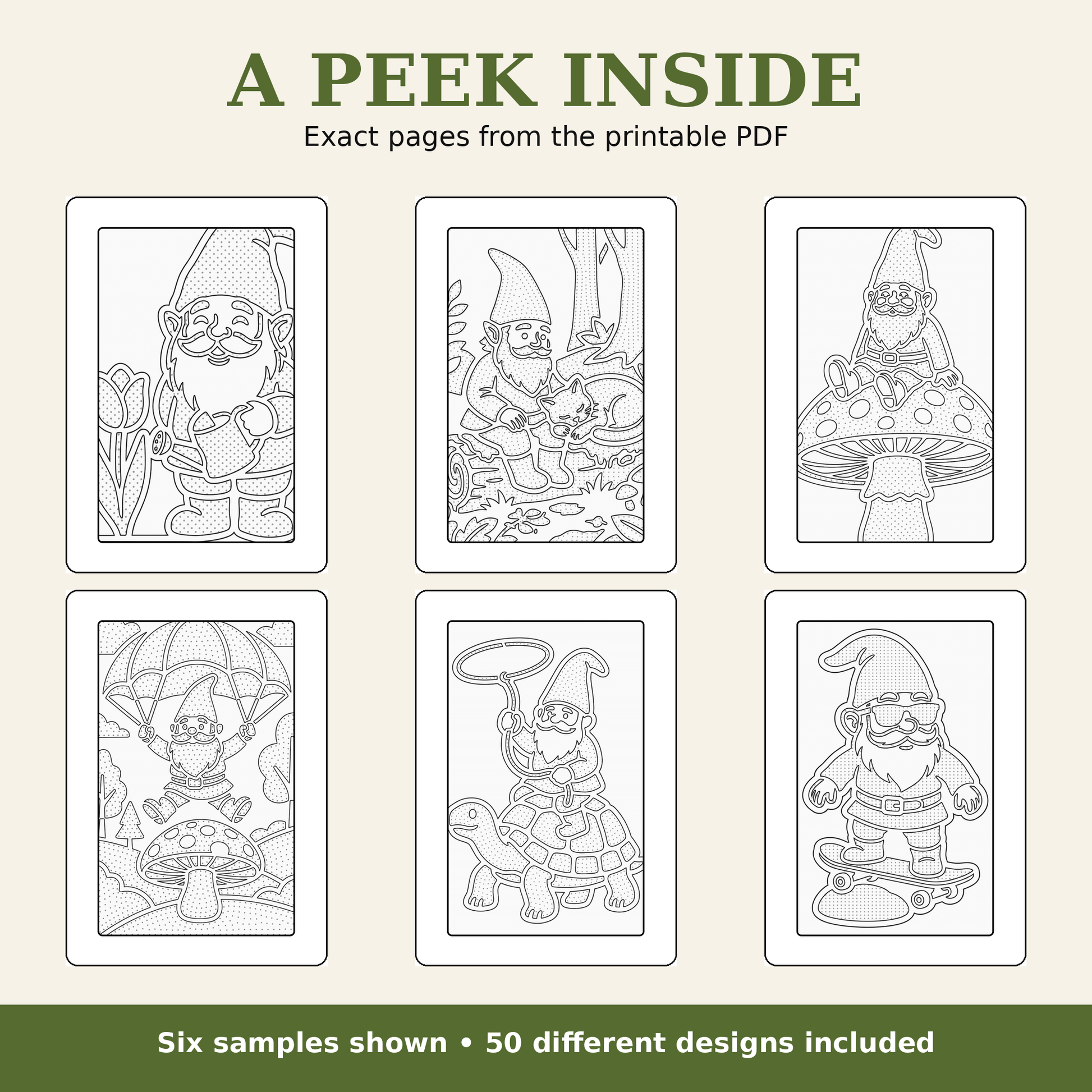 Promotional graphic for a printable PDF product showing six black-and-white line-art gnomes