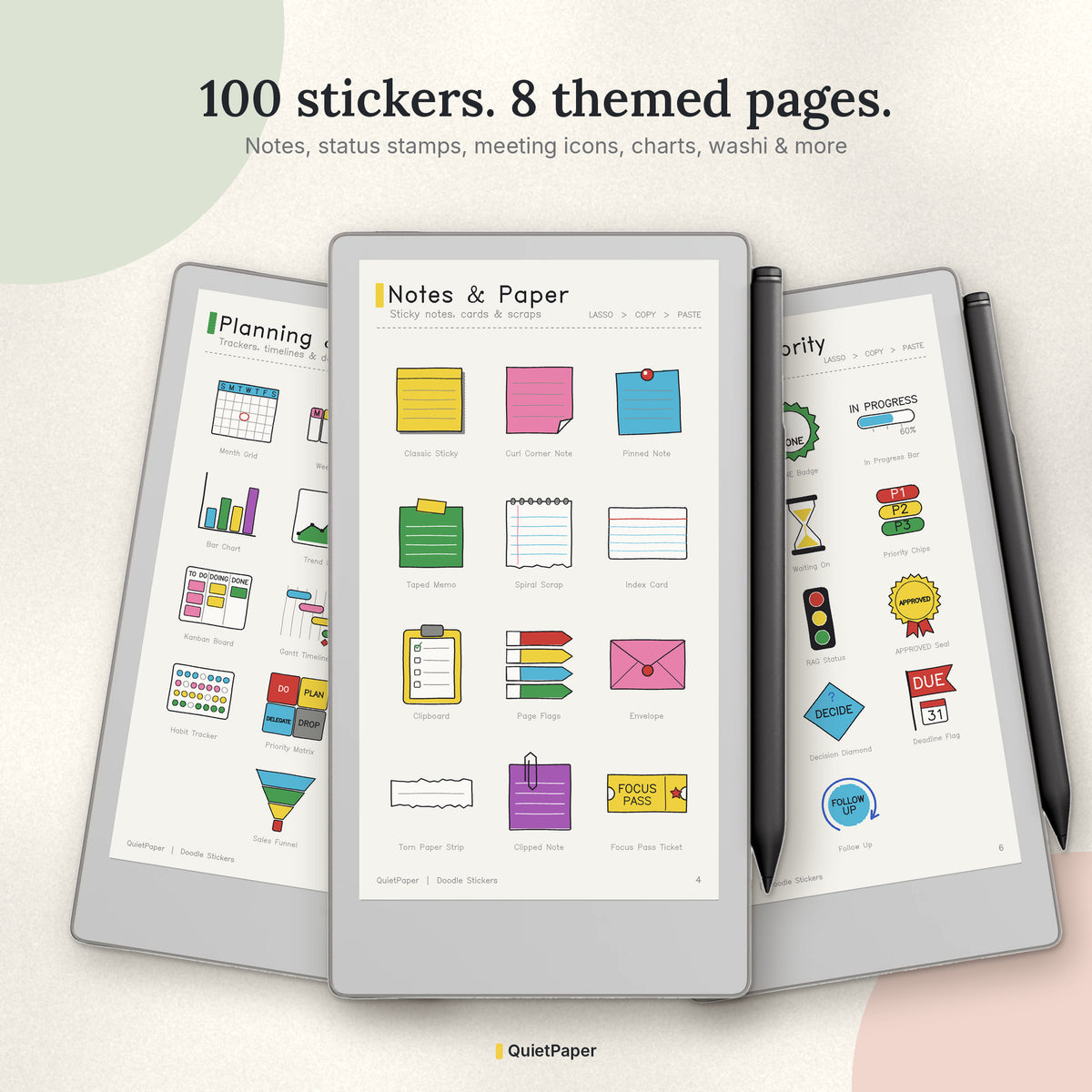 Doodle Stickers for reMarkable Paper Pro Move | 100 Color Lasso-Ready Digital Stickers