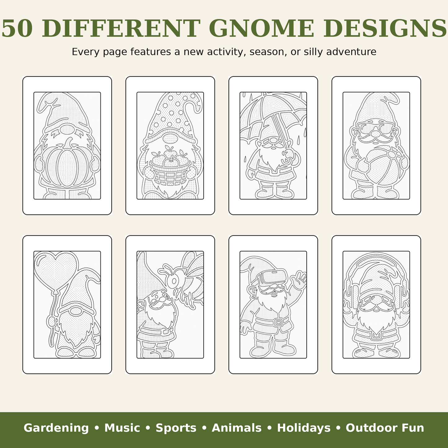 Promotional graphic showing eight gnome line-art designs arranged in a grid, with large text reading '50 DIFFERENT GNOME DESIGNS' 