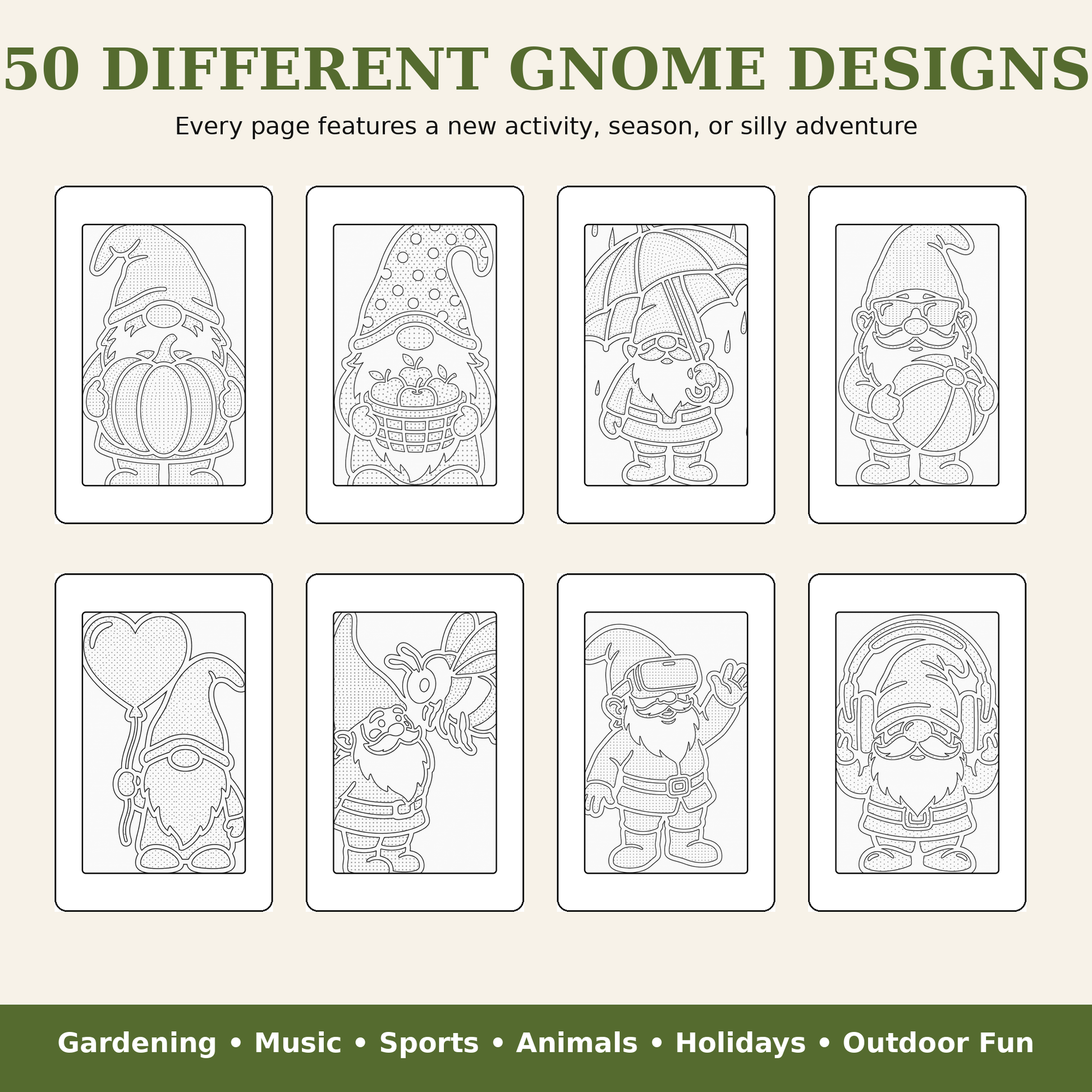 Promotional graphic showing eight gnome line-art designs arranged in a grid, with large text reading '50 DIFFERENT GNOME DESIGNS' 