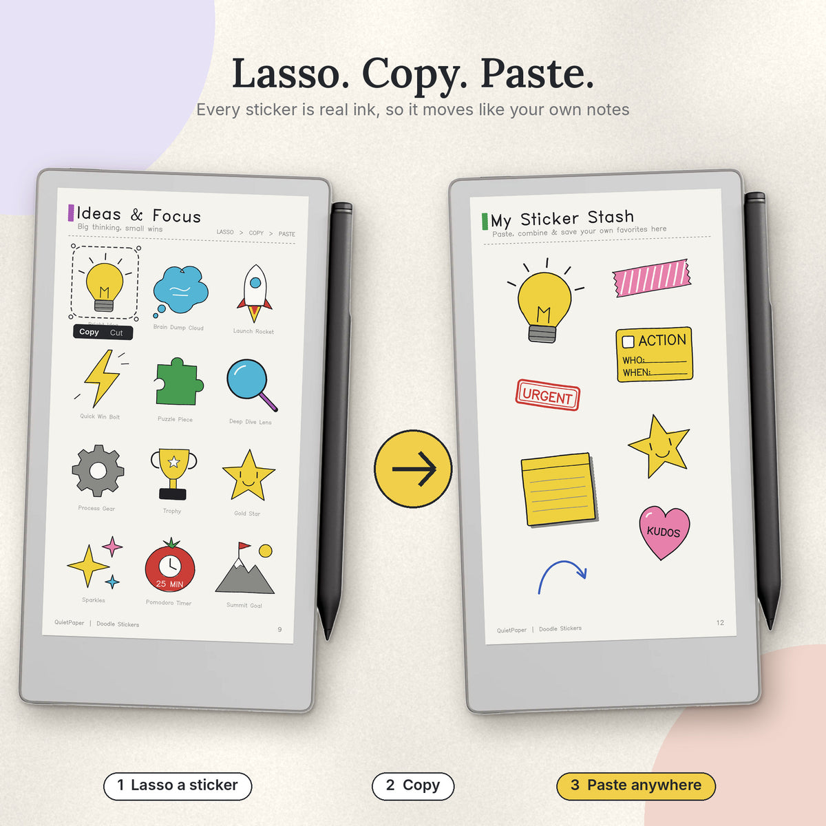 Doodle Stickers for reMarkable Paper Pro Move | 100 Color Lasso-Ready Digital Stickers