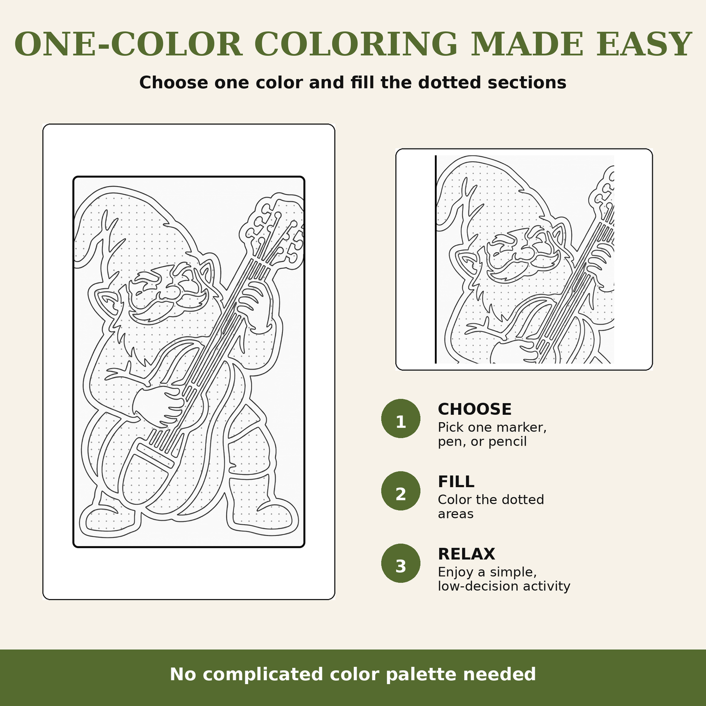 The design includes text explaining that one-color coloring is made easy, with two preview boxes showing the line art and dotted fill areas, plus three numbered steps to choose, fill, and relax.