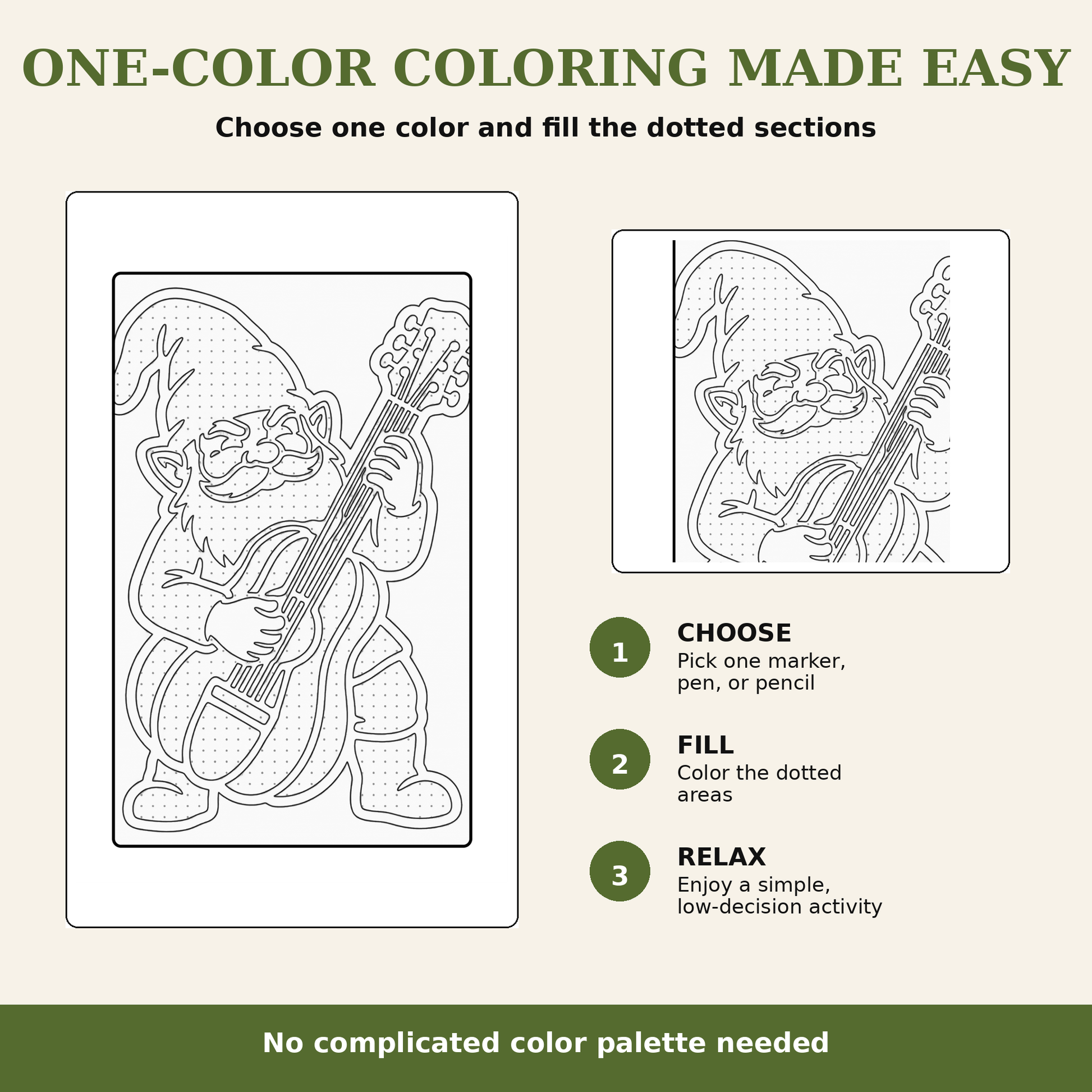 The design includes text explaining that one-color coloring is made easy, with two preview boxes showing the line art and dotted fill areas, plus three numbered steps to choose, fill, and relax.
