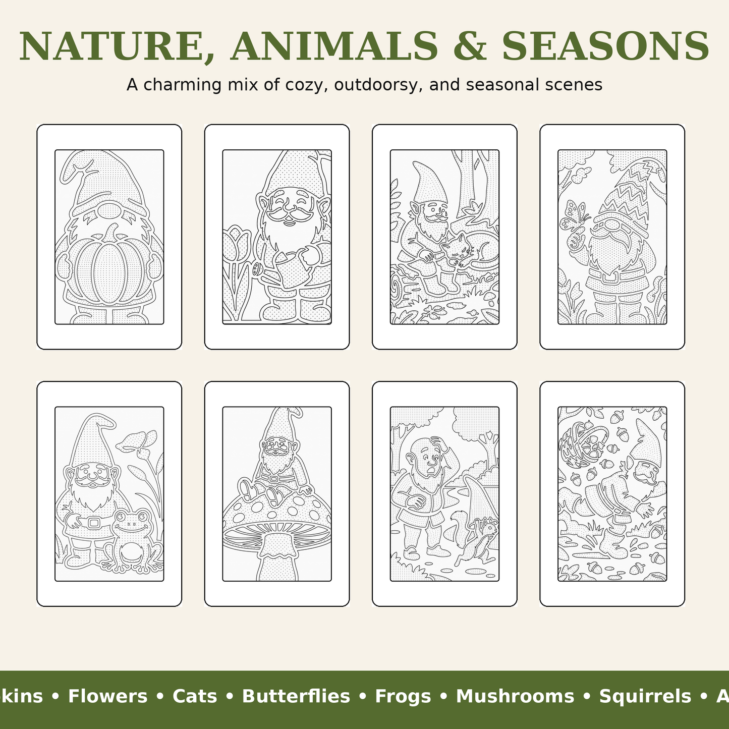 A product display sheet featuring eight black and white line art illustrations of garden gnomes in various seasonal and cozy outdoor scenes, arranged in a 2x4 grid under the heading 'NATURE, ANIMALS & SEASONS'.