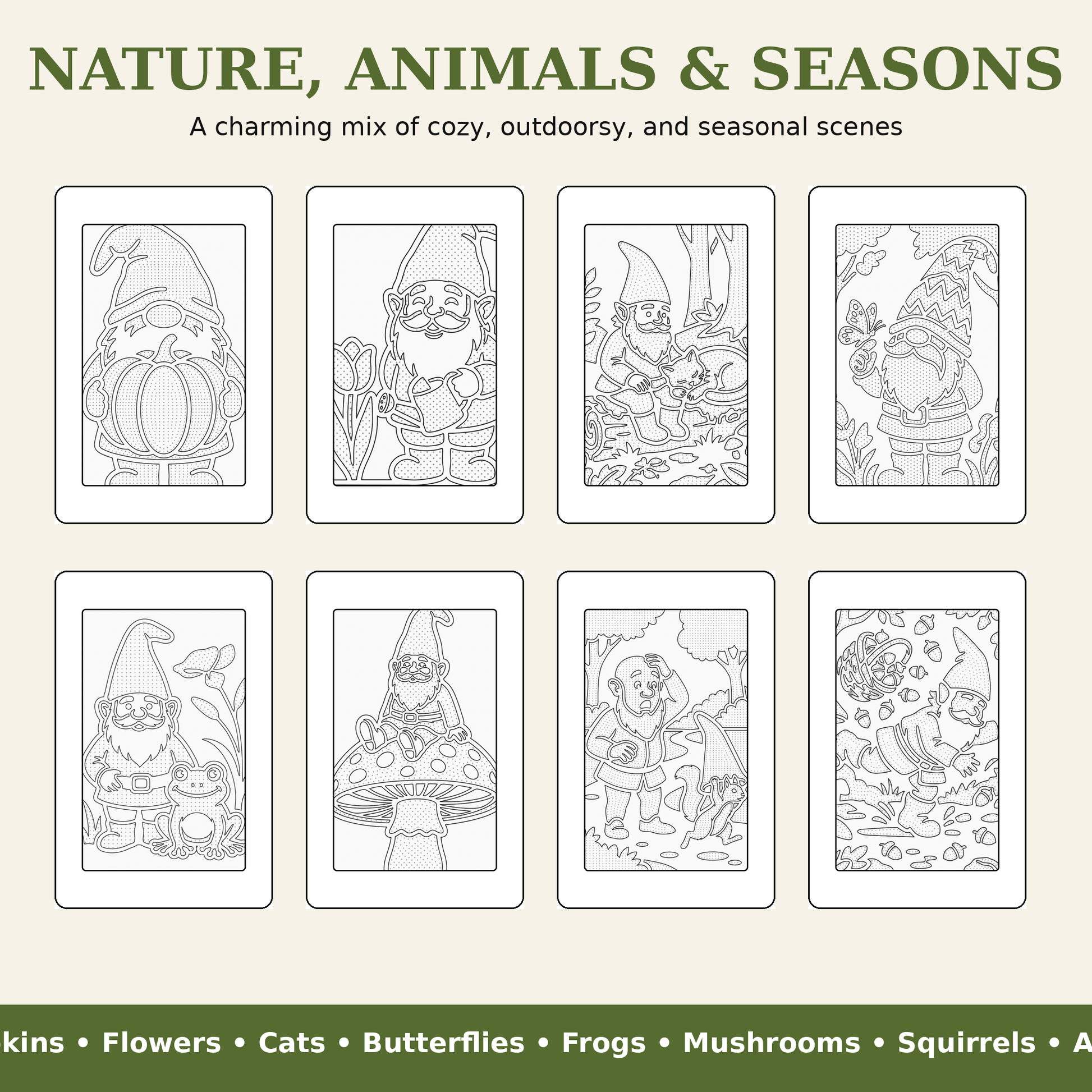 A product display sheet featuring eight black and white line art illustrations of garden gnomes in various seasonal and cozy outdoor scenes, arranged in a 2x4 grid under the heading 'NATURE, ANIMALS & SEASONS'.