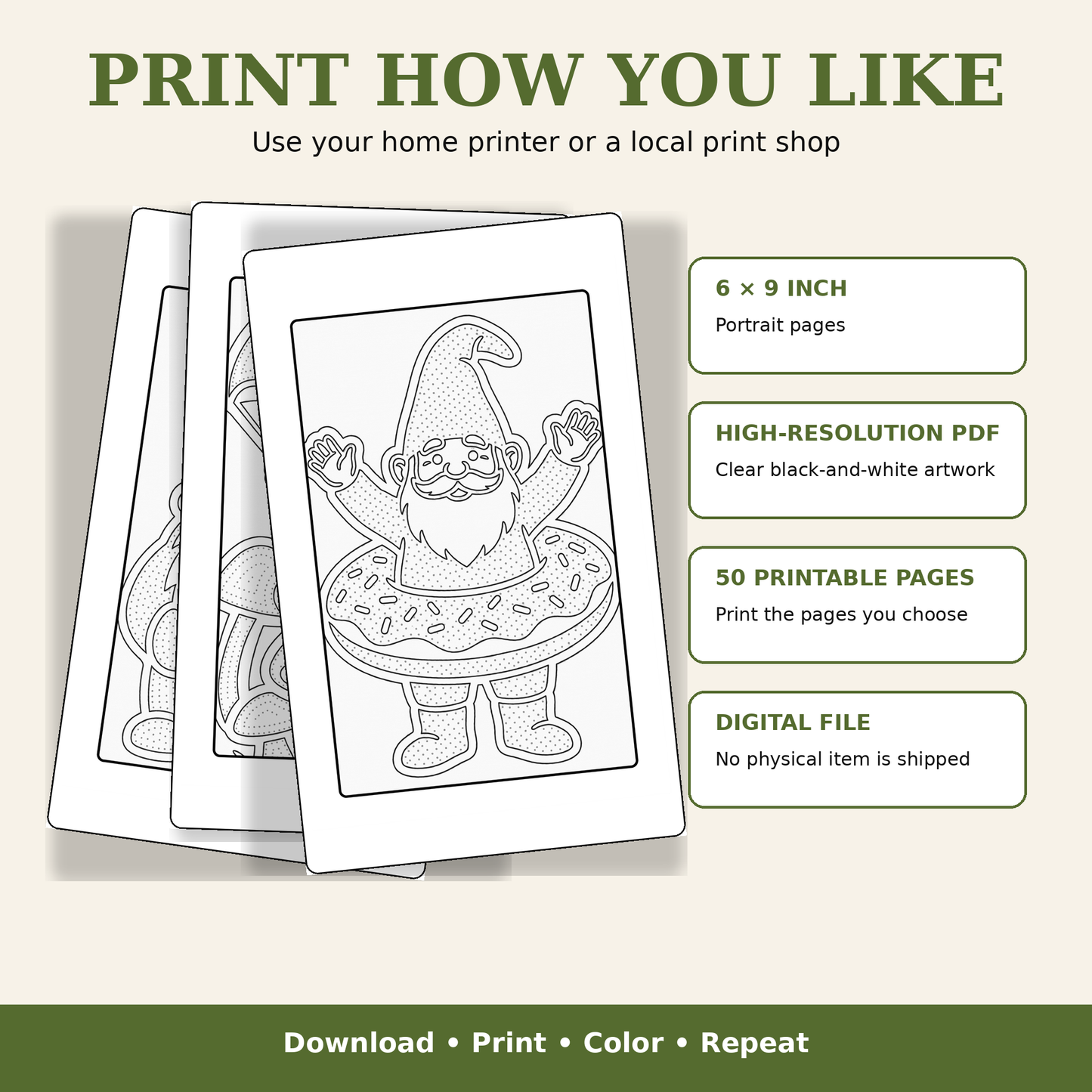 a printable coloring page set showing three preview pages of a gnome character on a donut, with text explaining that users can print how they like, 6 x 9 inch portrait pages, high-resolution PDF, 50 printable pages, and digital file.